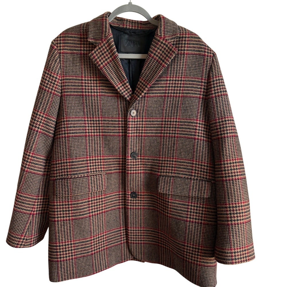 Zara Men's Blazer L Brown Red Plaid Check Tailored Jacket Preppy Heritage